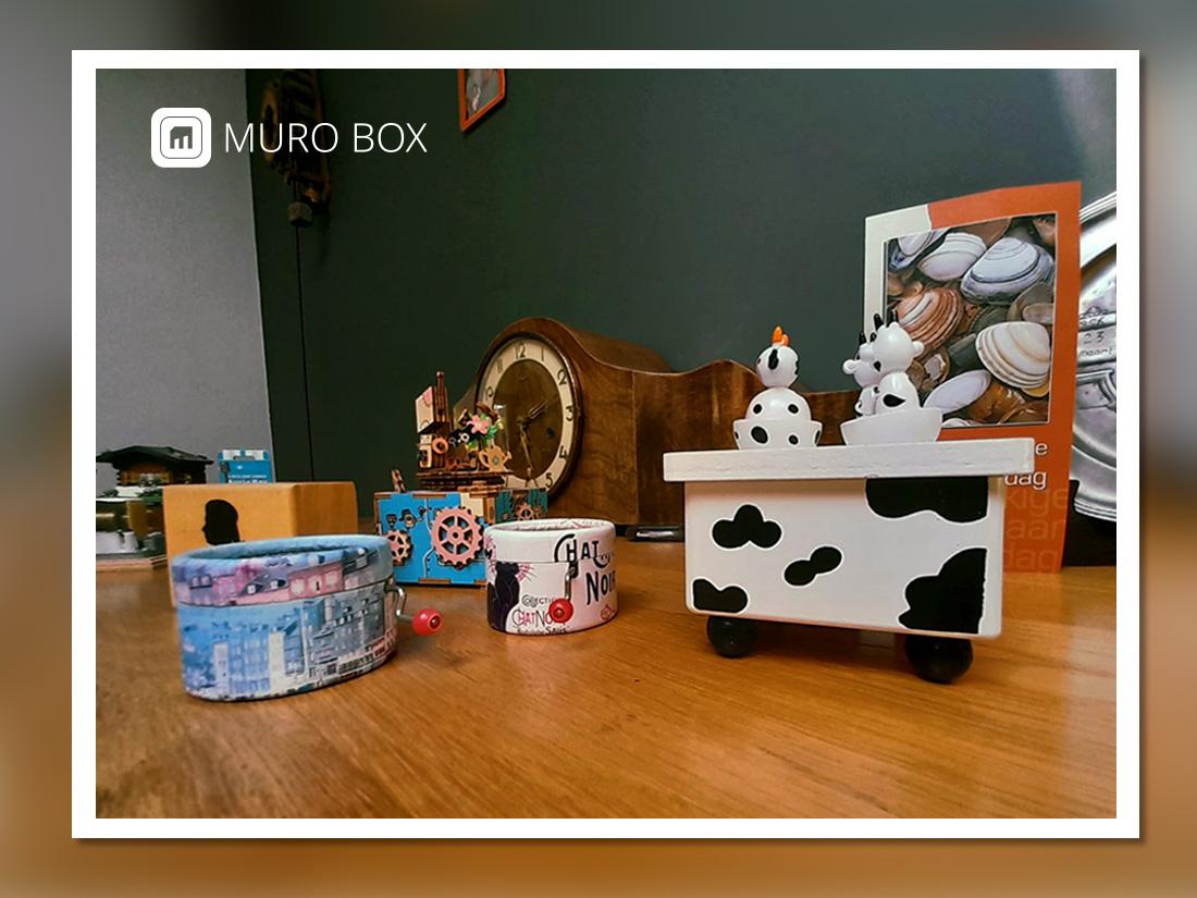 Geert’s little collection of toy music boxes and old mechanical clocks on his desk.